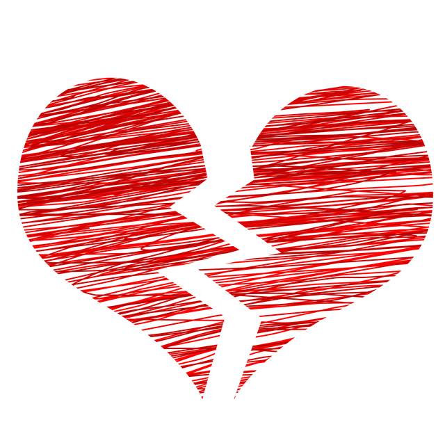 Gezeichnetes, gebrochenes rotes Herz – Symbol für Trennung, Verlust und einen neuen Lebensabschnitt.