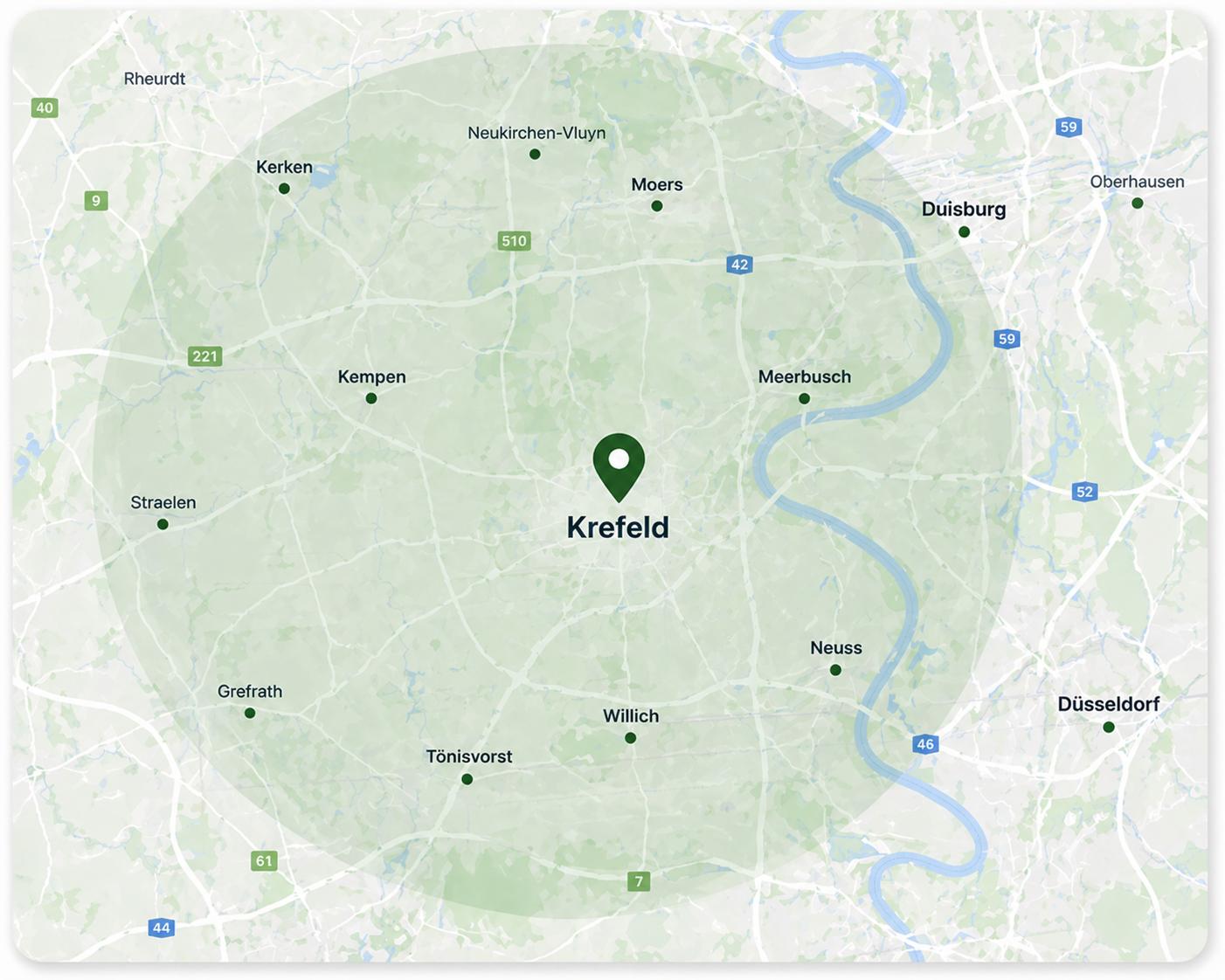 Karte Einzugsgebiet Immobilienmakler Krefeld Umgebung Meerbusch Willich Tönisvorst Kempen